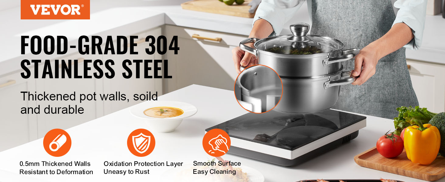VEVOR steamer pot in use, showcasing durable food-grade 304 stainless steel and kitchen safe features.