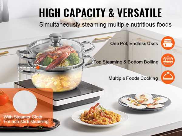 VEVOR steamer pot steaming seafood and vegetables in a modern kitchen with versatility and high capacity.