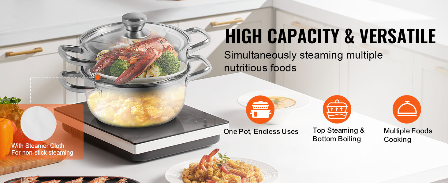 VEVOR steamer pot steaming seafood and vegetables in a modern kitchen with versatility and high capacity.