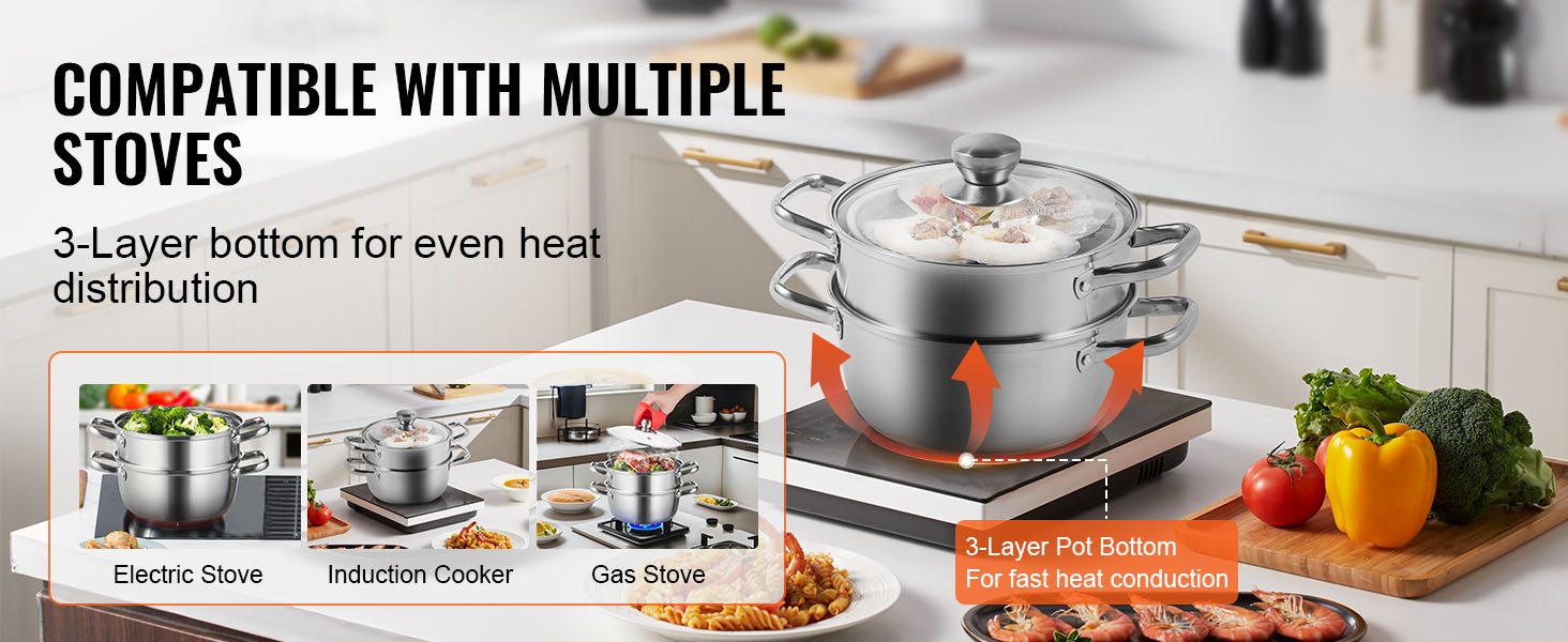 VEVOR steamer pot with 3-layer bottom for even heat on electric, induction, and gas stoves.
