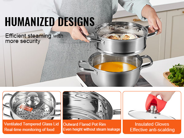 person using VEVOR steamer pot with ventilated glass lid, insulated gloves, and ingredients in kitchen.