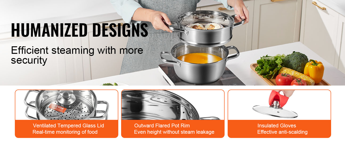 person using VEVOR steamer pot with ventilated glass lid, insulated gloves, and ingredients in kitchen.