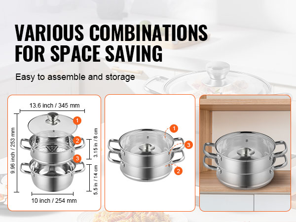 various combinations of VEVOR steamer pot for space-saving and easy assembly, dimensions highlighted.