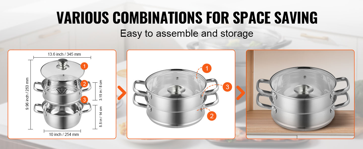 various combinations of VEVOR steamer pot for space-saving and easy assembly, dimensions highlighted.