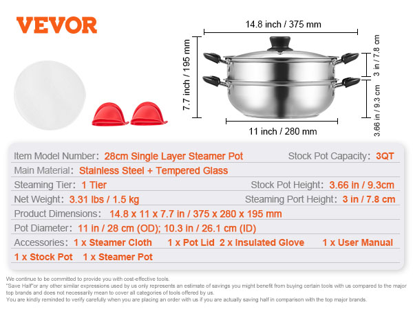 VEVOR steamer pot with stainless steel body, glass lid, dimensions, and included accessories.