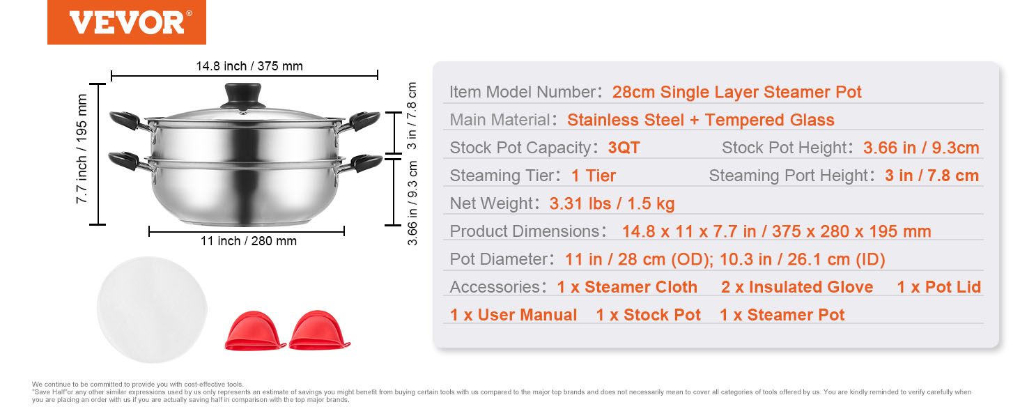 VEVOR steamer pot with stainless steel body, glass lid, dimensions, and included accessories.