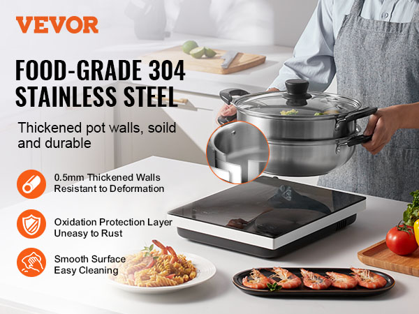 VEVOR food-grade 304 stainless steel pot with thickened walls, rust-resistant and durable.