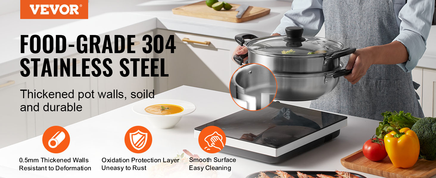 VEVOR food-grade 304 stainless steel pot with thickened walls, rust-resistant and durable.