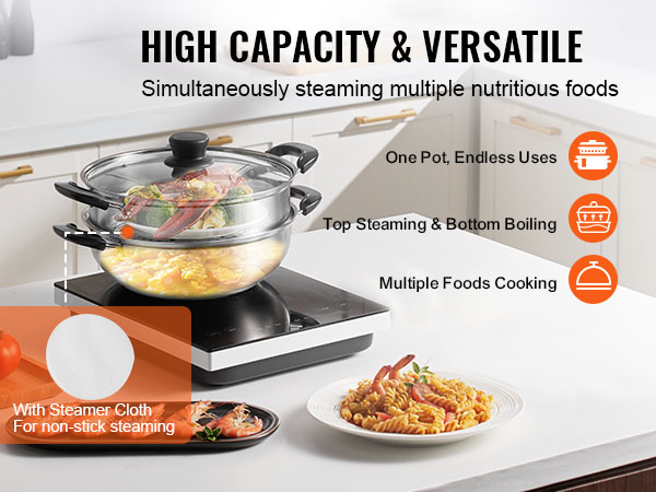 VEVOR steamer pot on an induction stove, steaming crabs, broccoli, and boiling soup, promoting versatility.