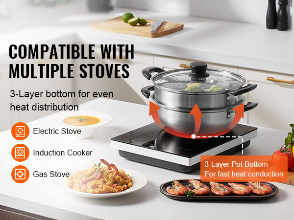 VEVOR steamer pot with a 3-layer bottom for even heat distribution, compatible with multiple stoves.