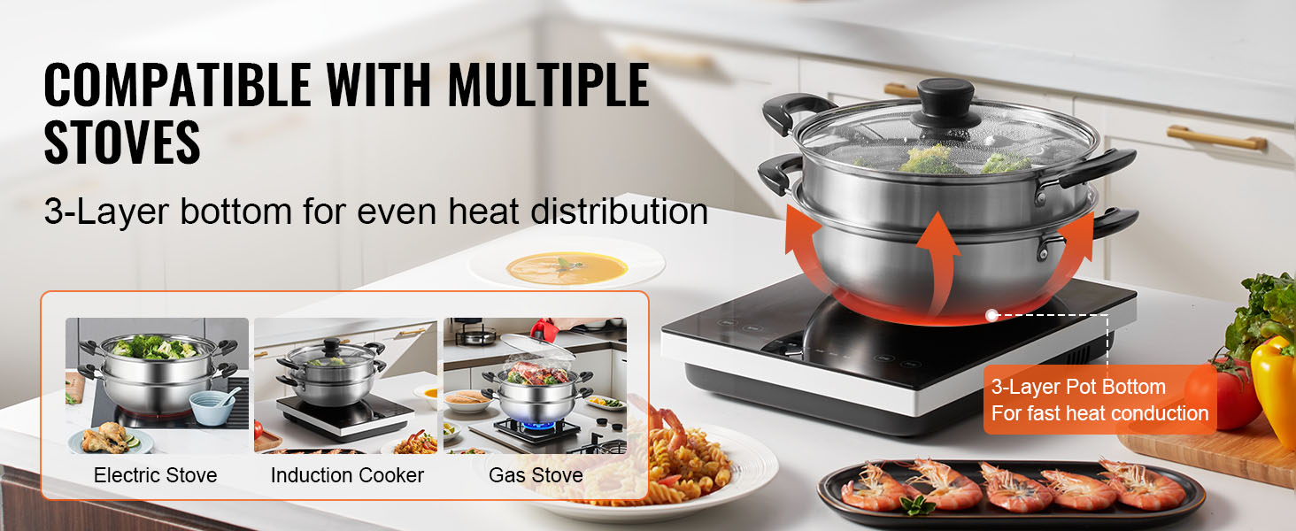 VEVOR steamer pot with a 3-layer bottom for even heat distribution, compatible with multiple stoves.