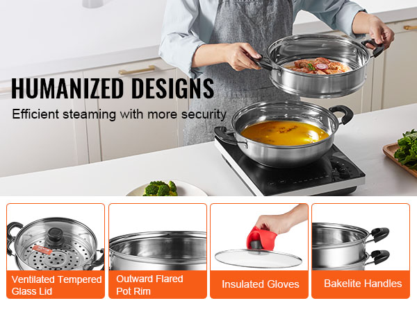 VEVOR steamer pot with glass lid, insulated gloves, bakelite handles, and vegetables on the counter.
