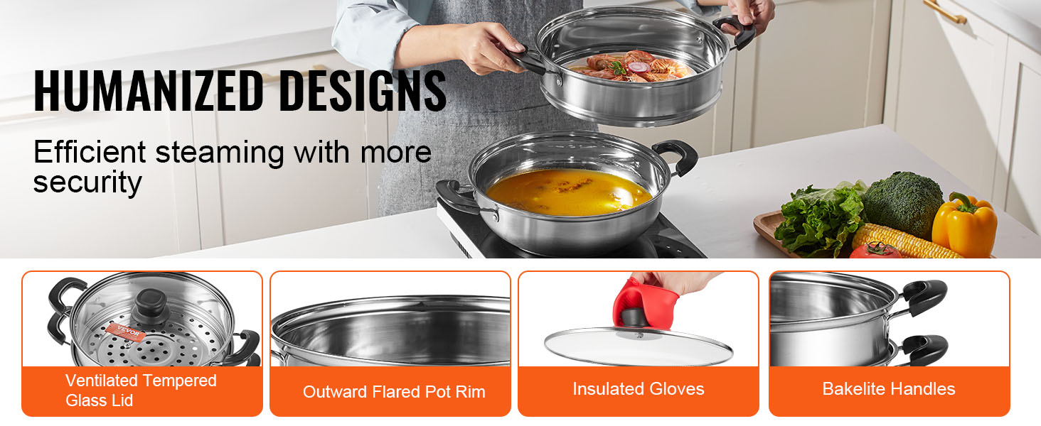 VEVOR steamer pot with glass lid, insulated gloves, bakelite handles, and vegetables on the counter.