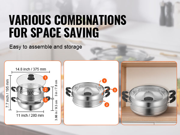 VEVOR steamer pot, easy assembly, space-saving design, stainless steel, various combination options.
