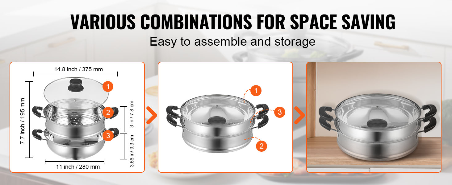 VEVOR steamer pot, easy assembly, space-saving design, stainless steel, various combination options.