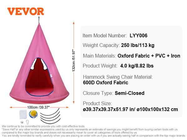 VEVOR kids nest swing chair in pink, ø100x100x132 cm, semi-closed, 250 lbs capacity.