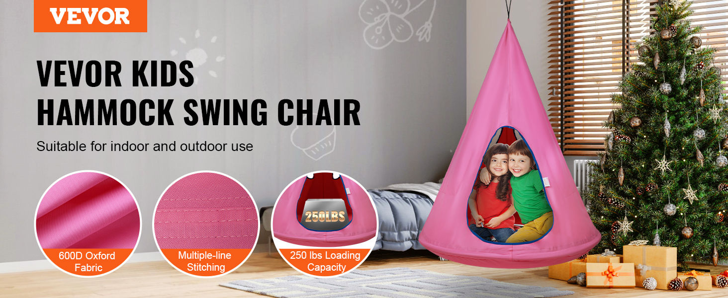 VEVOR kids nest swing chair, suitable for indoor and outdoor use, showcased near a christmas tree.