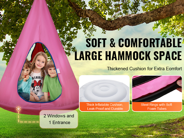 VEVOR kids nest swing chair, pink hammock with thick cushion, 2 windows, and 1 entrance, outdoor setting.