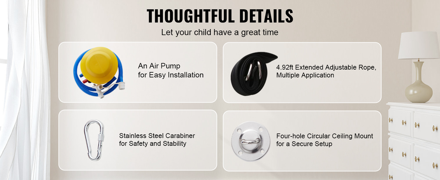VEVOR kids nest swing chair accessories: air pump, adjustable rope, stainless steel carabiner, ceiling mount