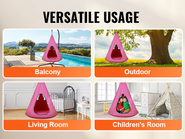 VEVOR kids nest swing chair in pink, shown in balcony, outdoor, living room, and children's room settings.