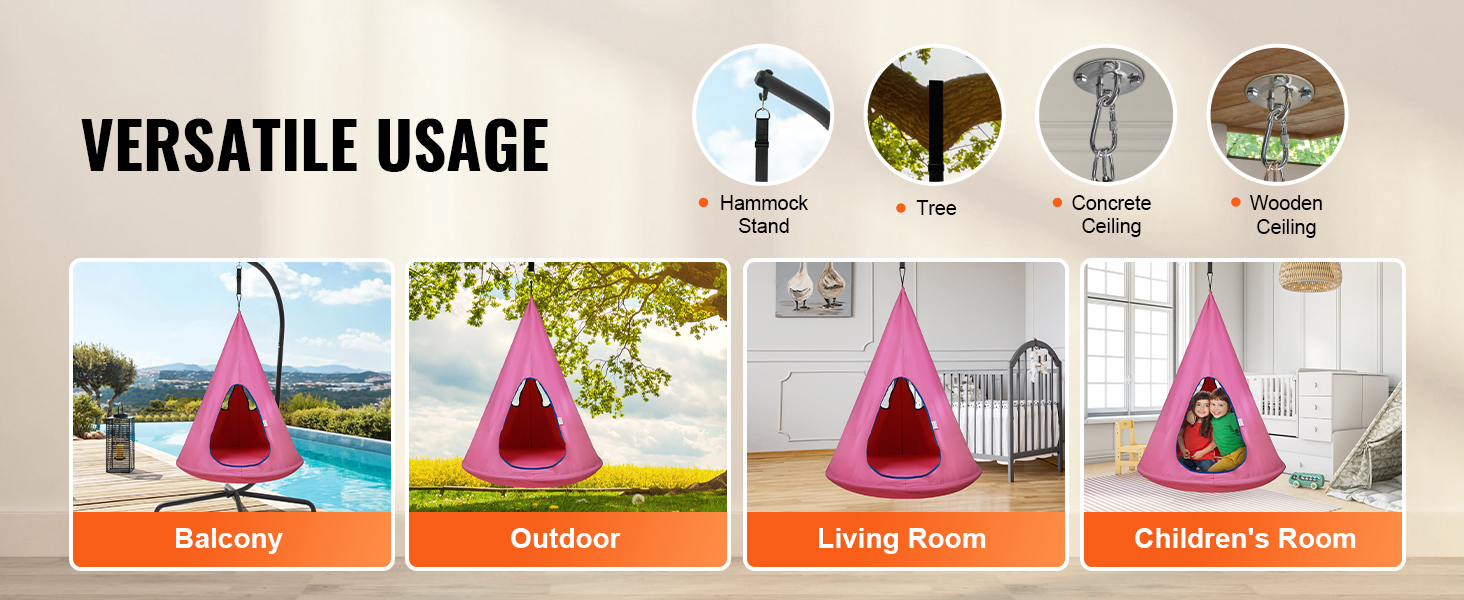 VEVOR kids nest swing chair in pink, shown in balcony, outdoor, living room, and children's room settings.