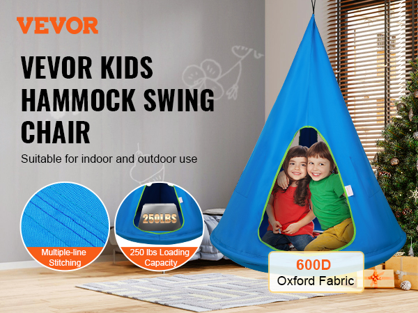 VEVOR kids hammock chair in living room with christmas tree, showcasing 600d oxford fabric and 250 lbs capacity.