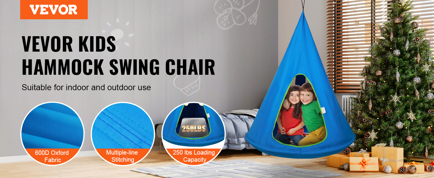 VEVOR kids hammock chair in living room with christmas tree, showcasing 600d oxford fabric and 250 lbs capacity.