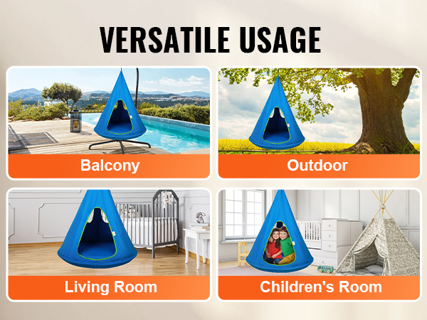VEVOR kids hammock chair in blue for balcony, outdoor, living room, and children's room versatile usage.