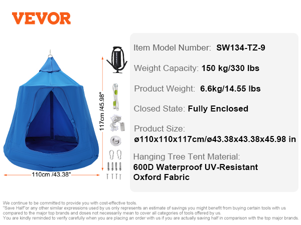 VEVOR hanging tree tent with 150 kg capacity, 600d uv-resistant fabric, and accessories. model sw134-tz-9.