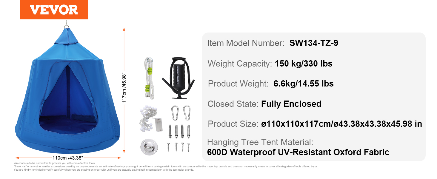 VEVOR hanging tree tent with 150 kg capacity, 600d uv-resistant fabric, and accessories. model sw134-tz-9.