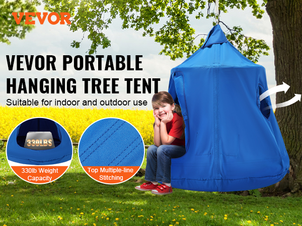 VEVOR hanging tree tent offers a 330lb weight capacity, durable stitching, and secure suspension rings.