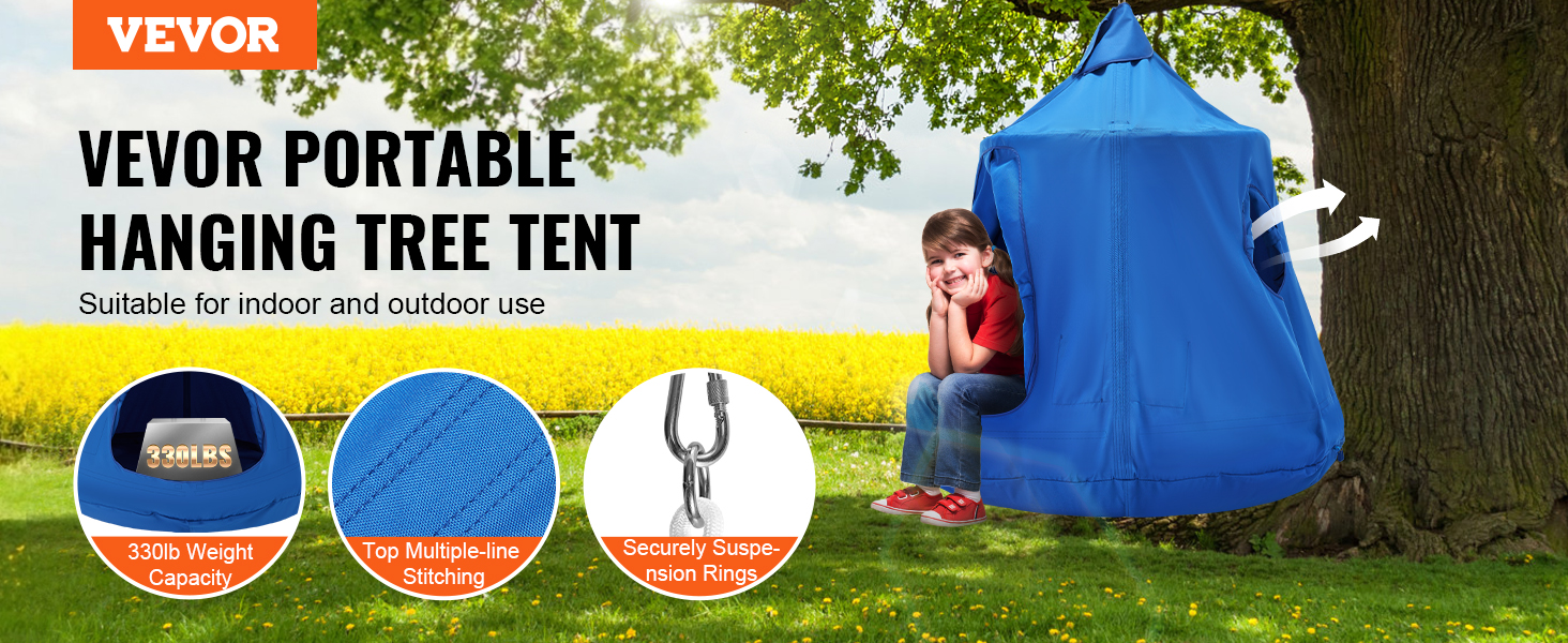 VEVOR hanging tree tent offers a 330lb weight capacity, durable stitching, and secure suspension rings.