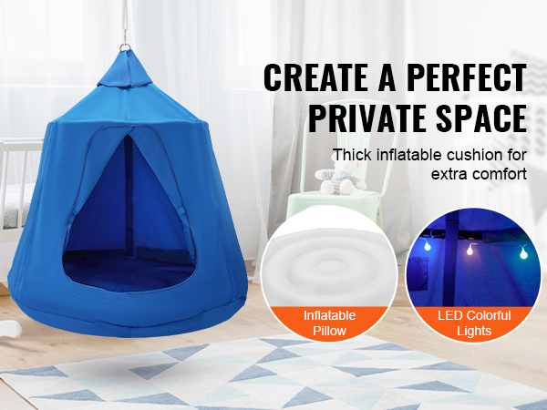 VEVOR hanging tree tent in a cozy room, featuring inflatable pillow, internal pockets, and led lights.