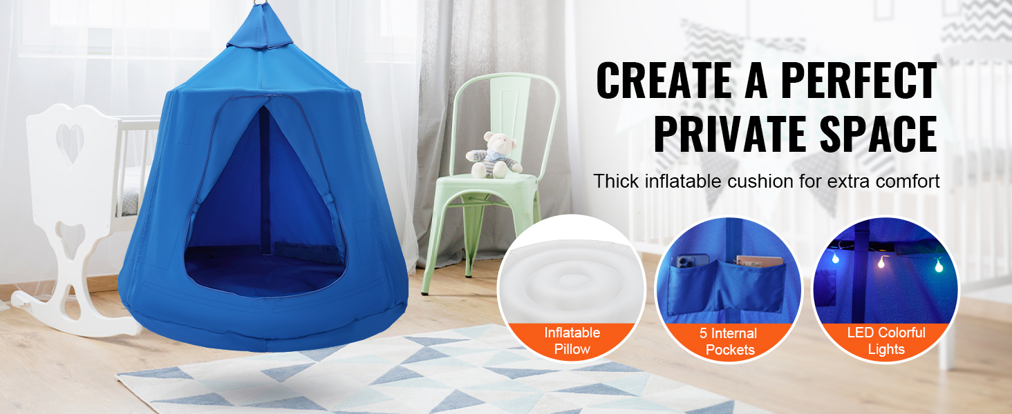 VEVOR hanging tree tent in a cozy room, featuring inflatable pillow, internal pockets, and led lights.