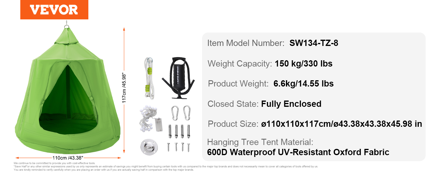 green VEVOR hanging tree tent with 600d waterproof fabric, weight capacity of 150 kg, 117 cm tall.