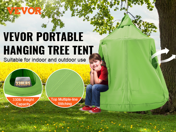 VEVOR hanging tree tent: 330lb weight capacity, durable stitching, secure suspension rings, for indoor/outdoor use.