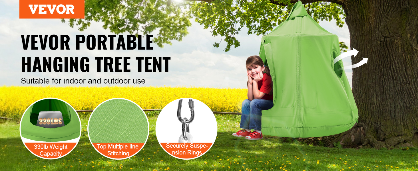 VEVOR hanging tree tent: 330lb weight capacity, durable stitching, secure suspension rings, for indoor/outdoor use.