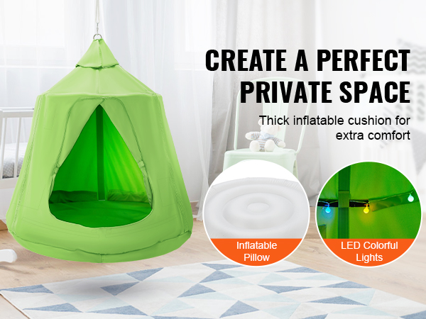 VEVOR hanging tree tent in green with inflatable pillow, internal pockets, and led colorful lights.