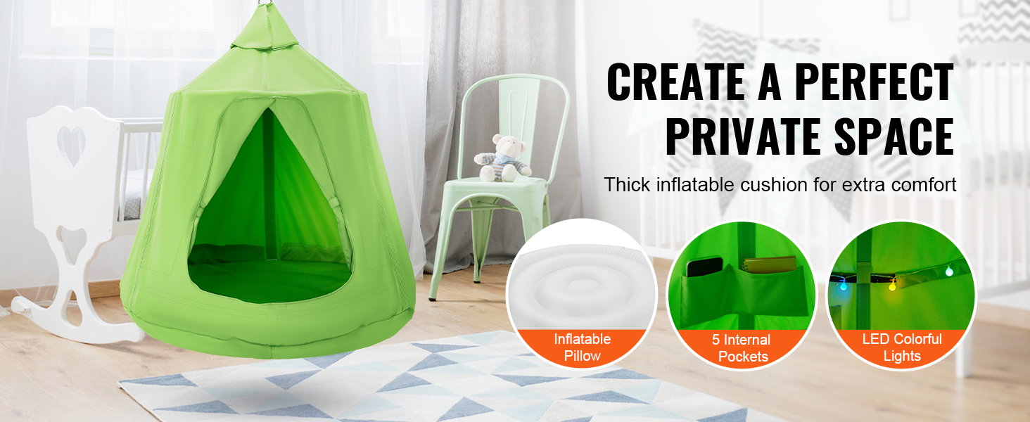 VEVOR hanging tree tent in green with inflatable pillow, internal pockets, and led colorful lights.