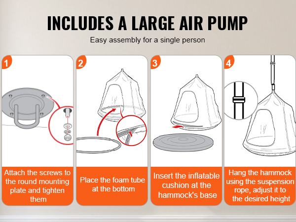 VEVOR hanging tree tent instructions: screw mounting plate, place foam tube, insert cushion, hang hammock.