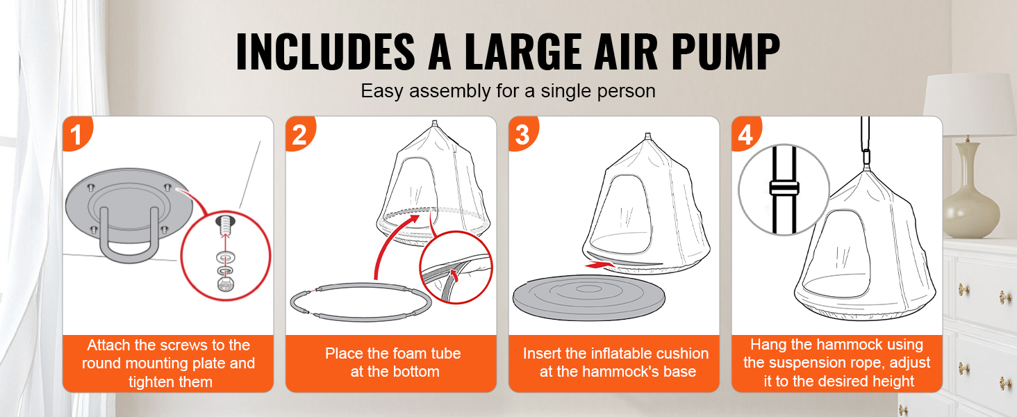 VEVOR hanging tree tent instructions: screw mounting plate, place foam tube, insert cushion, hang hammock.
