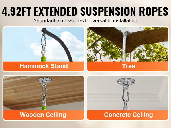 4.92ft extended suspension ropes for hammock stand, tree, wooden ceiling, and concrete ceiling.