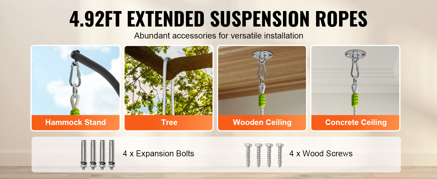 4.92ft extended suspension ropes for hammock stand, tree, wooden ceiling, and concrete ceiling.