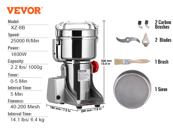 VEVOR electric grain mill, 1800w, 25000 r/min, 2.2 lbs capacity, with carbon brushes, blades, brush, and sieve.
