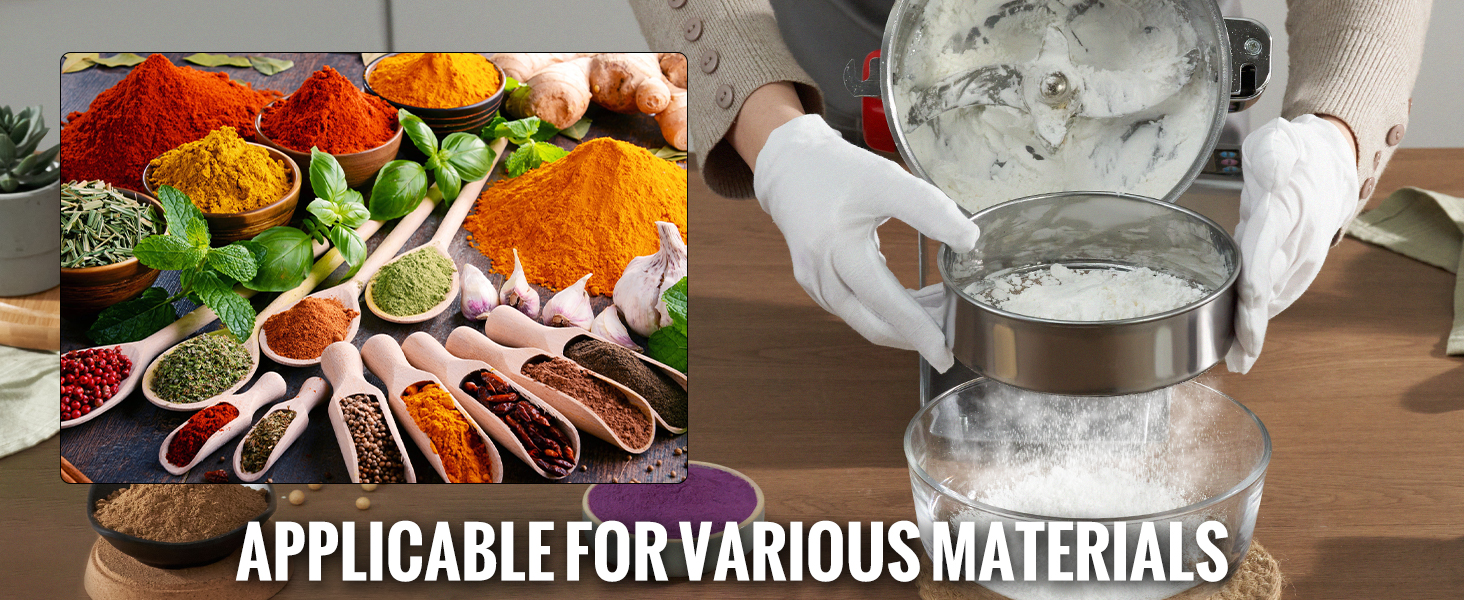 person using the VEVOR electric grain mill to process various spices, herbs, and powders.