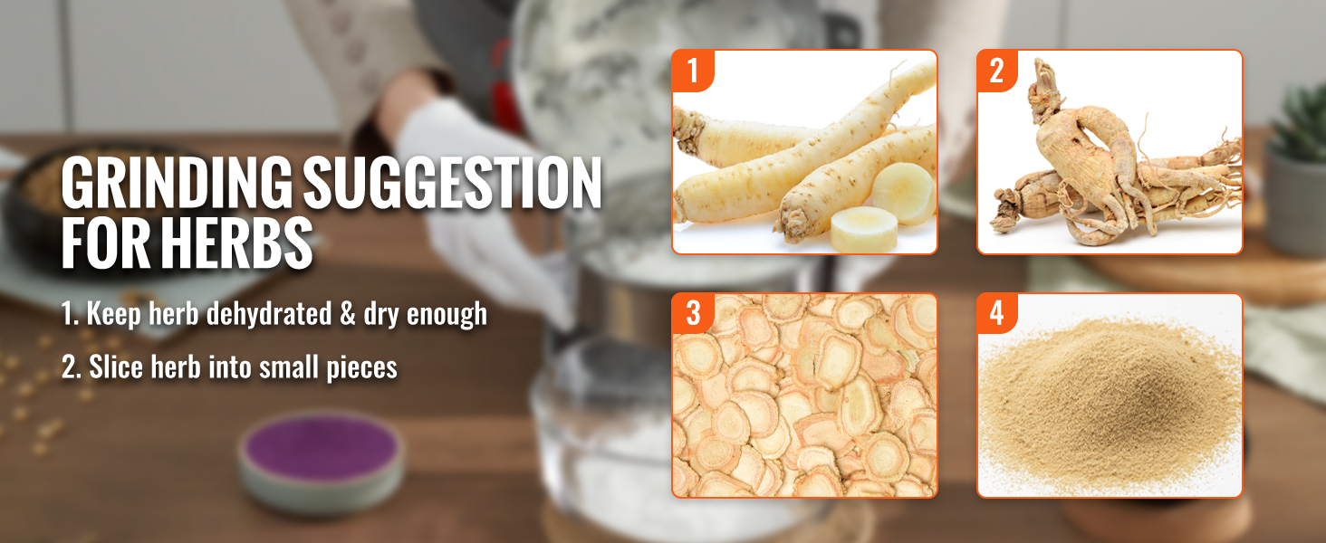 grinding suggestions for herbs with VEVOR electric grain mill: keep them dehydrated and slice into small pieces.