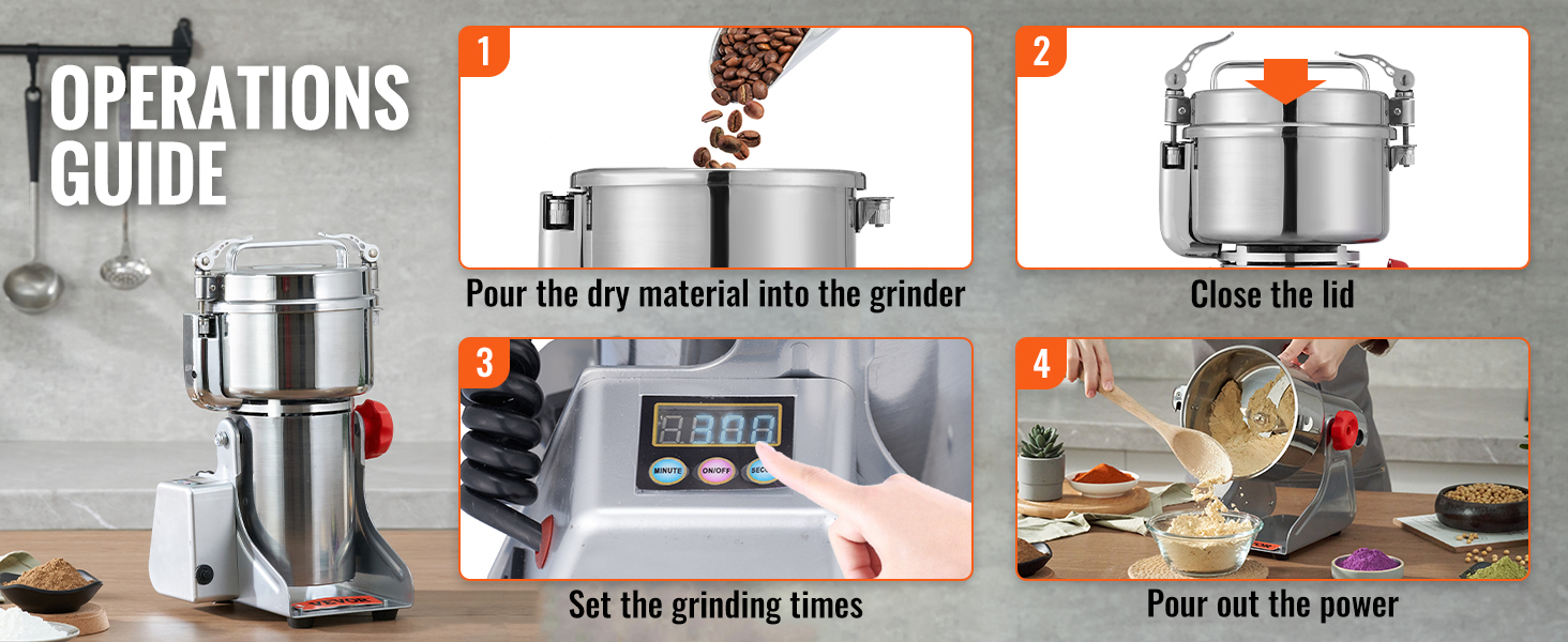 VEVOR electric grain mill operations guide: add material, close lid, set time, pour out powder.