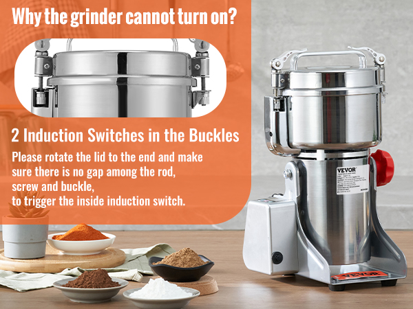 VEVOR electric grain mill with induction switches instructions and various grain powders on a kitchen counter.