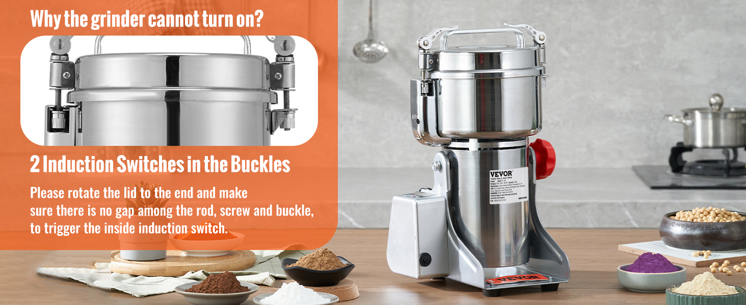 VEVOR electric grain mill with induction switches instructions and various grain powders on a kitchen counter.