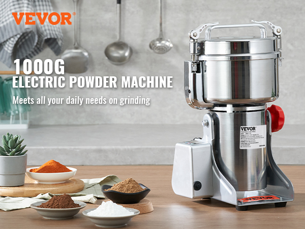 VEVOR electric grain mill in a modern kitchen setting with various ground spices and grains displayed.
